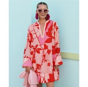 La Ligne Floral Long Sleeve Cotton Silk Shift Minidress Pink Red | sz XS-M*
